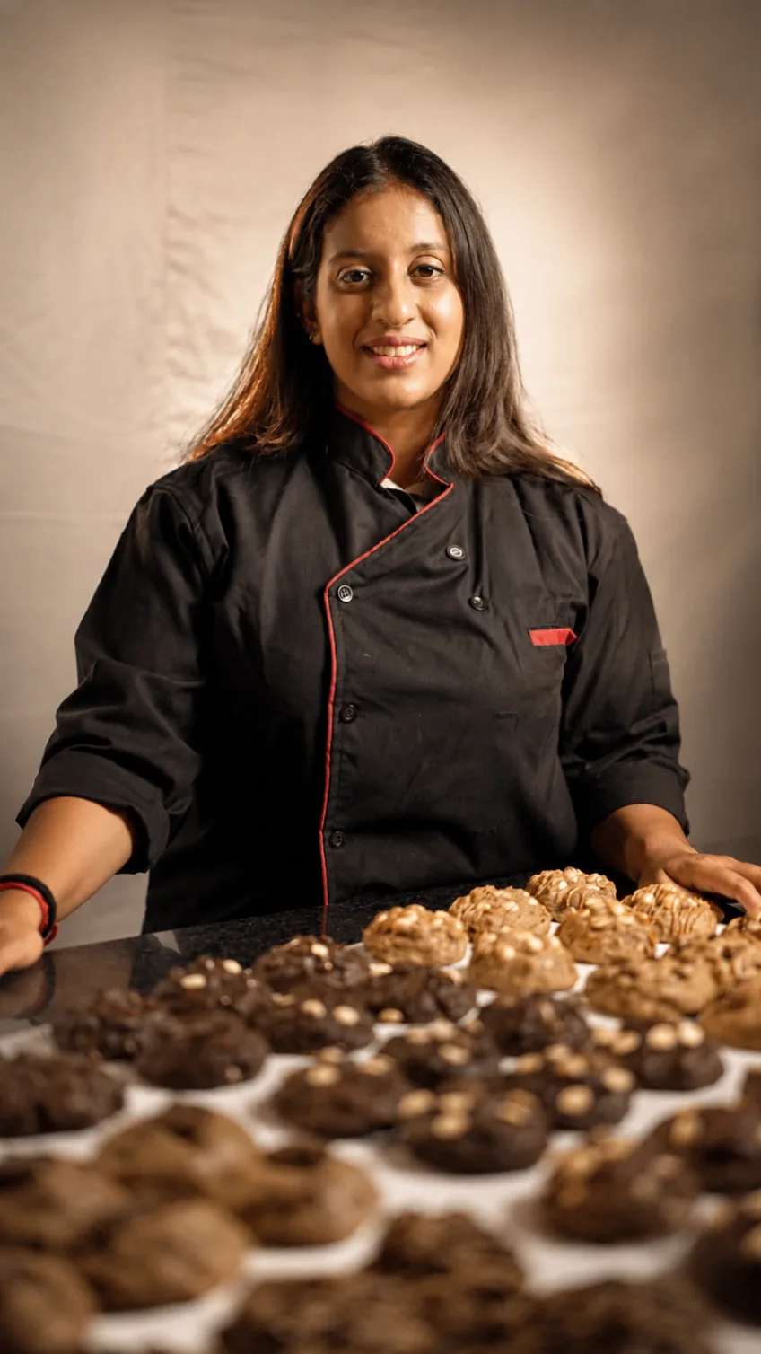Chef Madhumitha with signature NYC cookies displayed on the table